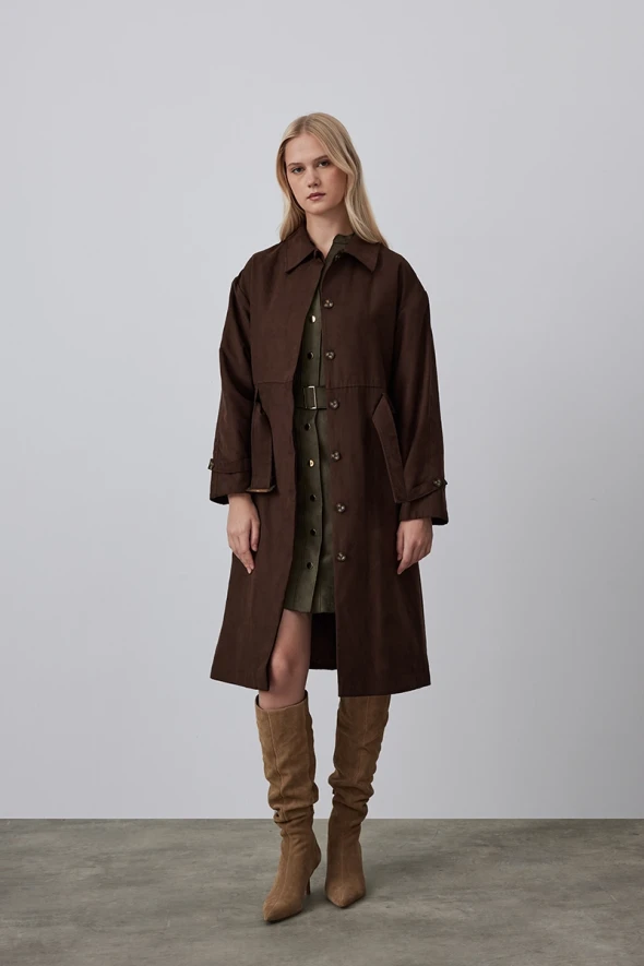 Chamois Trench Coat with Waist Belt - Brown - 2