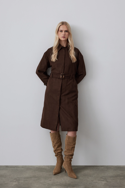 Chamois Trench Coat with Waist Belt - Brown Kahverengi