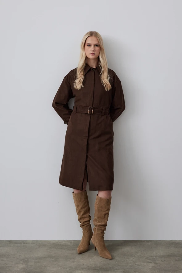 Chamois Trench Coat with Waist Belt - Brown - 1