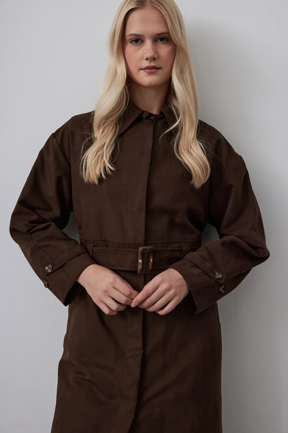 Chamois Trench Coat with Waist Belt - Brown - 5