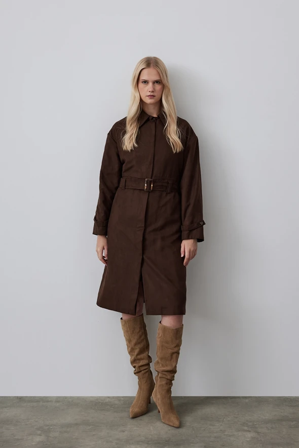 Chamois Trench Coat with Waist Belt - Brown - 3