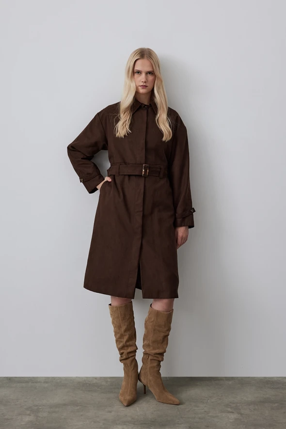 Chamois Trench Coat with Waist Belt - Brown - 4