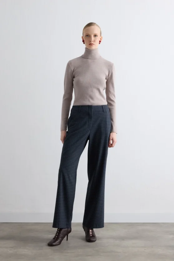 Checked Straight-Leg Pants - Navy - 5