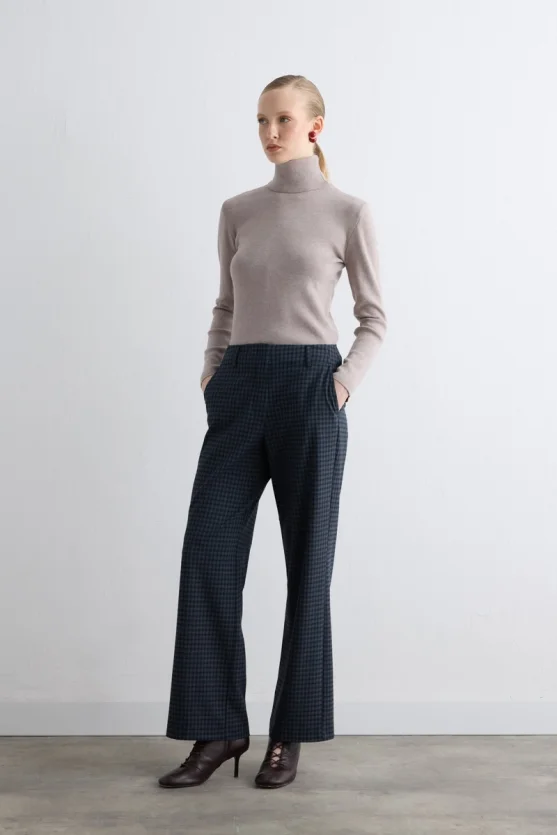 Checked Straight-Leg Pants - Navy - 1