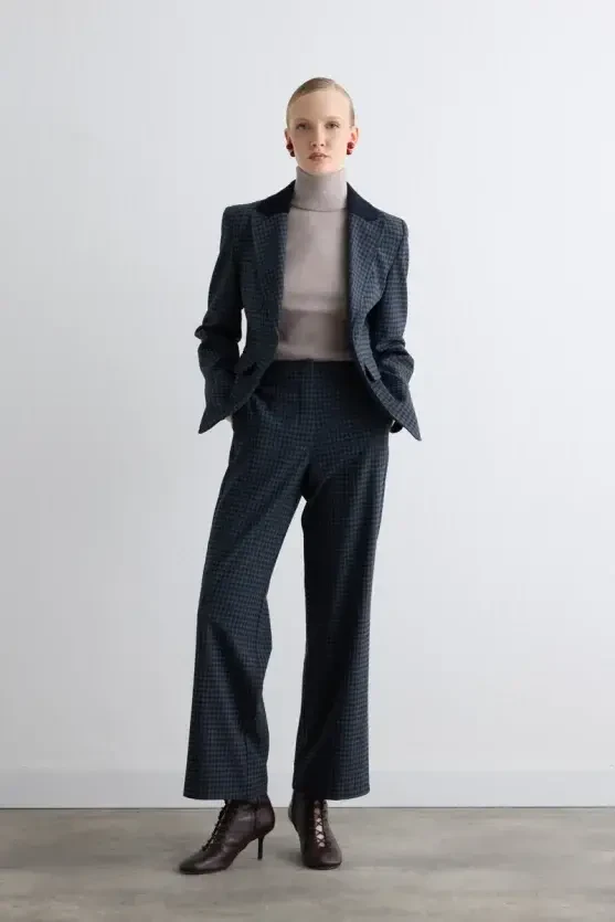 Checked Straight-Leg Pants - Navy - 3