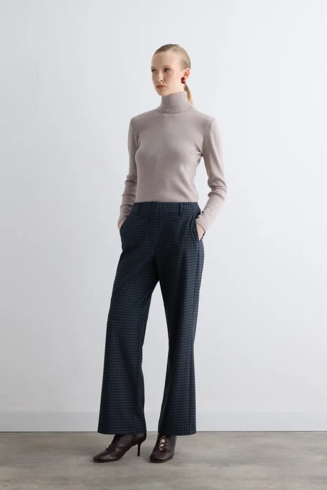Checked Straight Leg Pants Navy Navy Blue