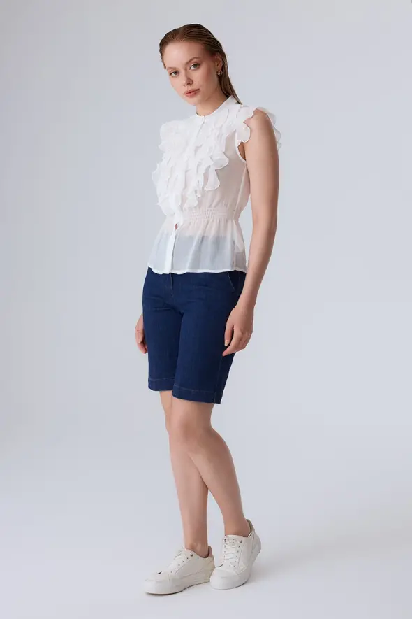 Chiffon Blouse with Elastic Waistband - White - 4