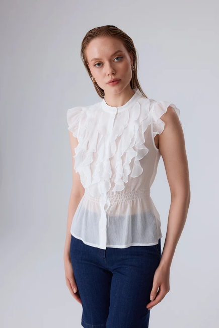 Chiffon Blouse with Elastic Waistband - White White