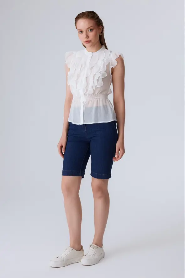 Chiffon Blouse with Elastic Waistband - White - 3