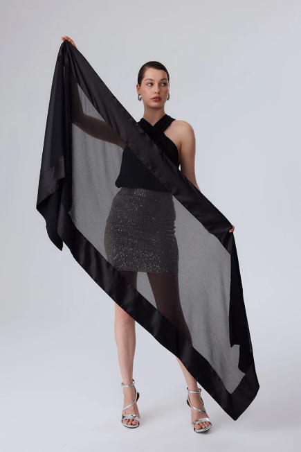 Chiffon Shawl with Satin Trim - Black Black