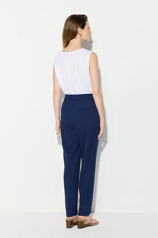 Cigarette Pants with Elastic Back Waist - Navy Blue - Gusto