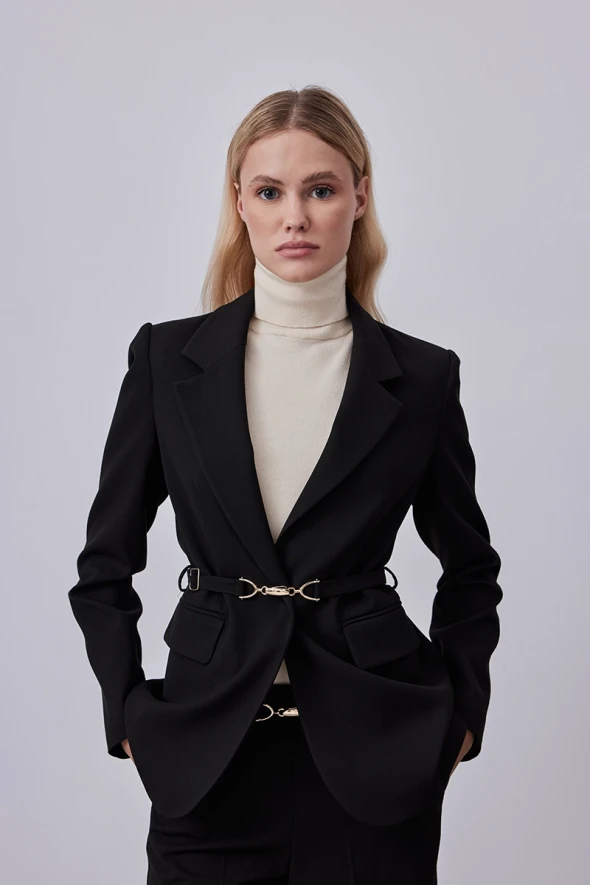 Classic Jacket with Beltes Waist - Black - 2