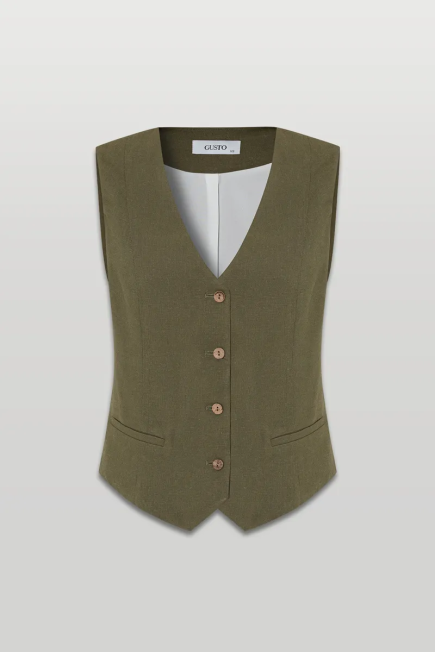 Classic Linen Vest - Khaki Khaki