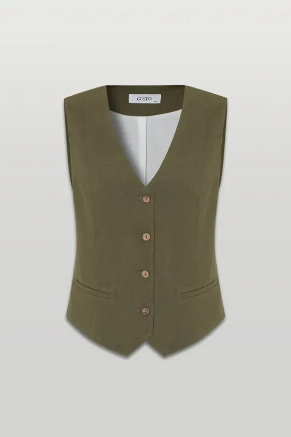 Classic Linen Vest - Khaki - 1