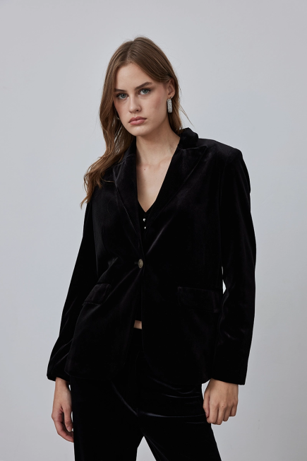 Classic One Button Velvet Jacket - Black Black