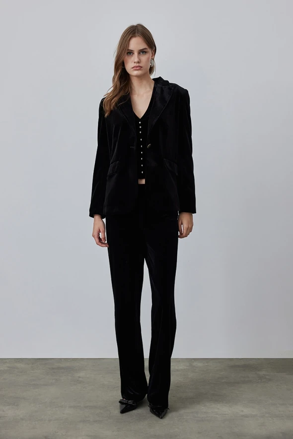 Classic One Button Velvet Jacket - Black - 2