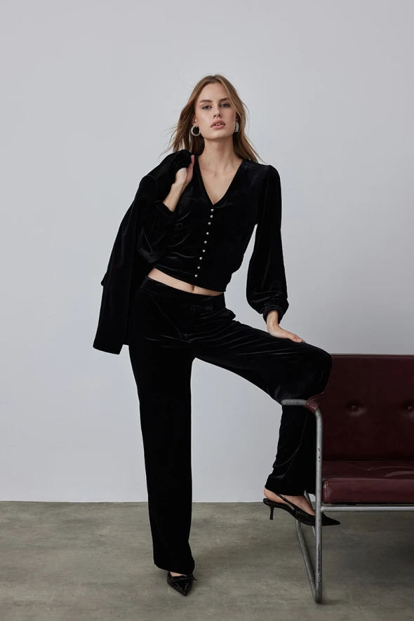 Classic One Button Velvet Jacket - Black - 3