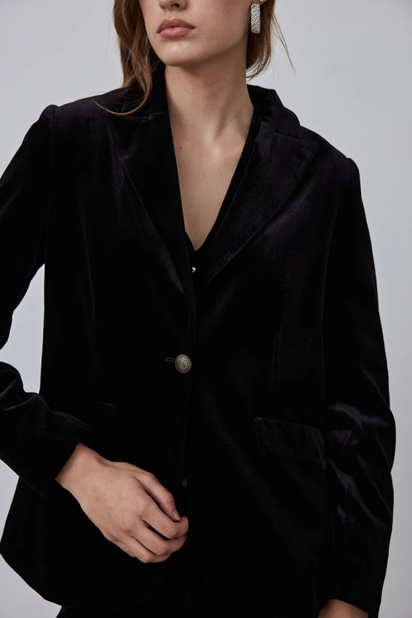 Classic One Button Velvet Jacket - Black - 4