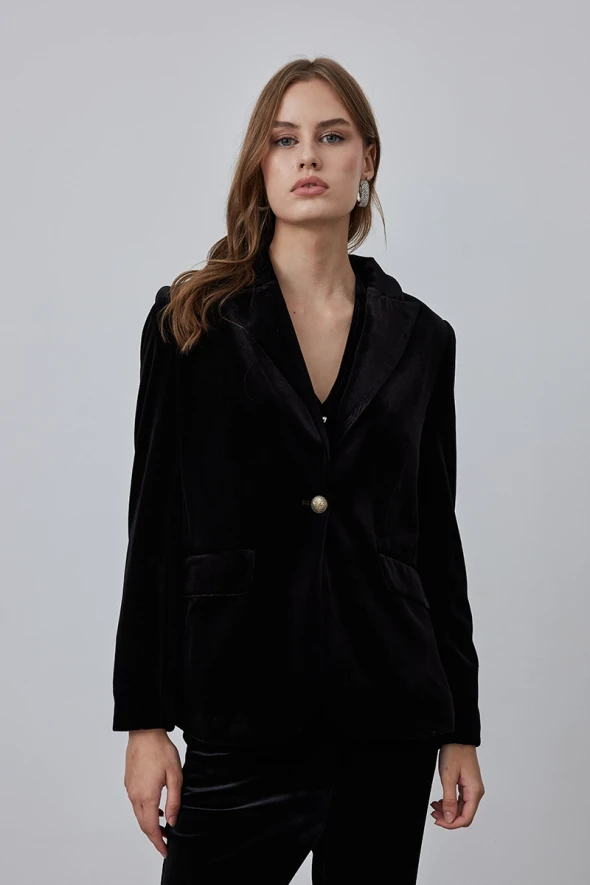 Classic One Button Velvet Jacket - Black - 5