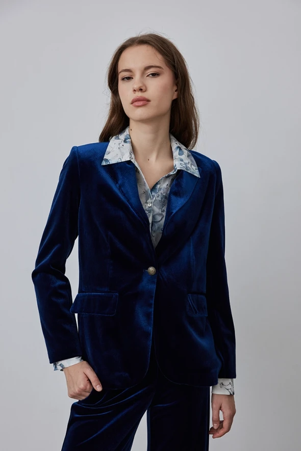 Classic One Button Velvet Jacket - Navy Blue - 1