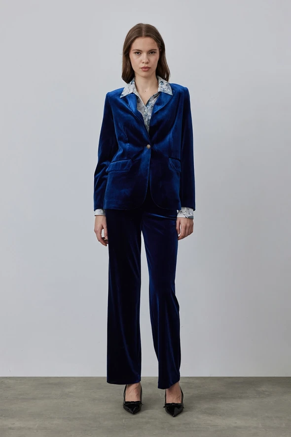 Classic One Button Velvet Jacket - Navy Blue - 2