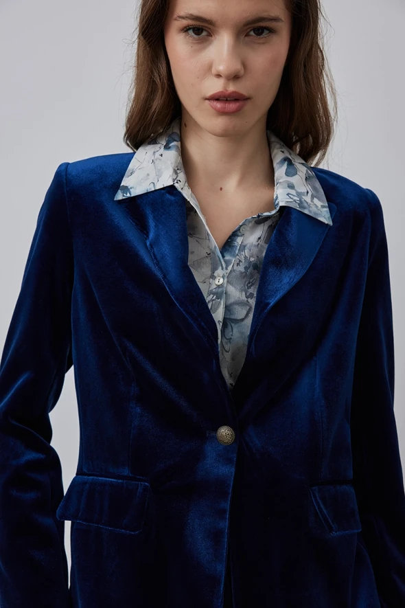 Classic One Button Velvet Jacket - Navy Blue - 4