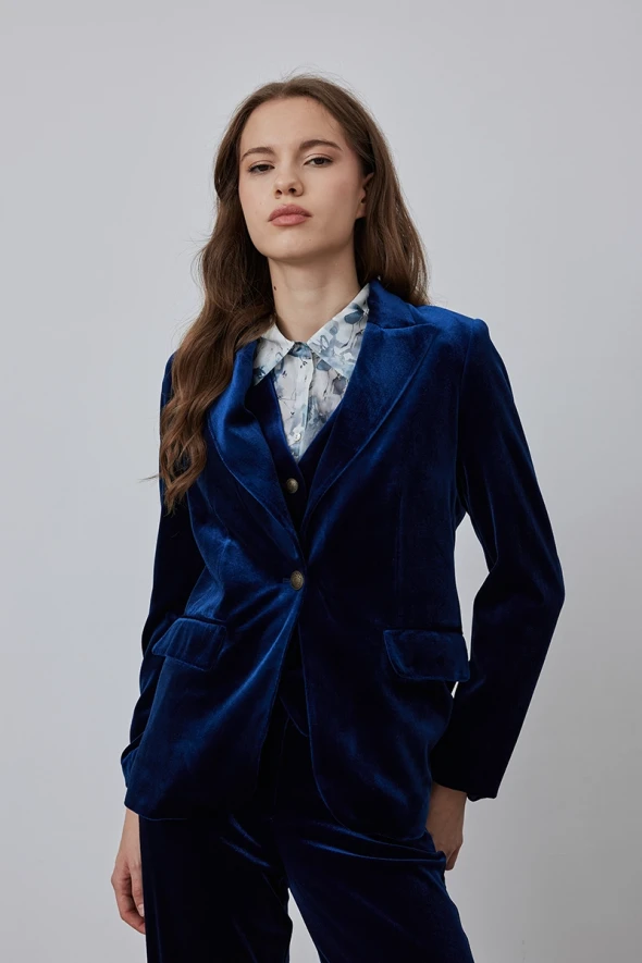 Classic One Button Velvet Jacket - Navy Blue - 3