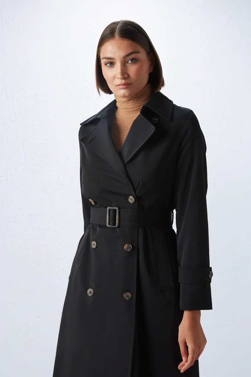 Classic Trench Coat with Waist Belt - Black - 3