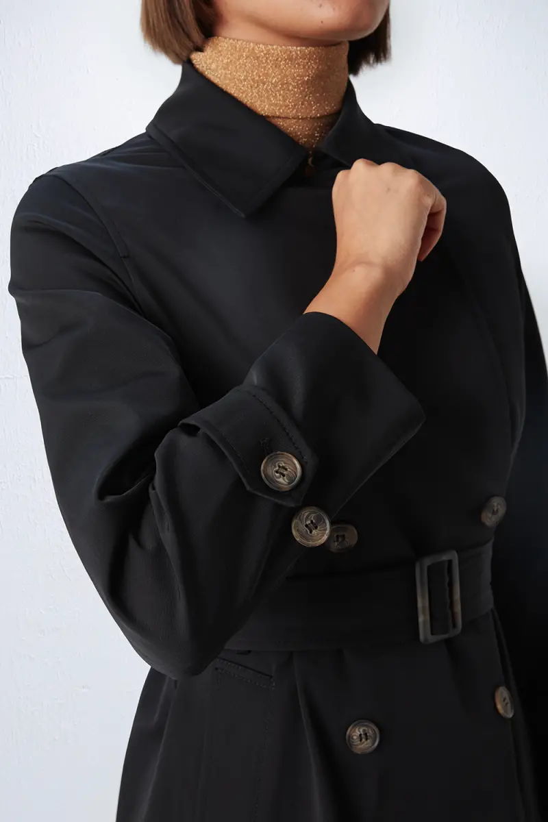 Classic Trench Coat with Waist Belt - Black - 7