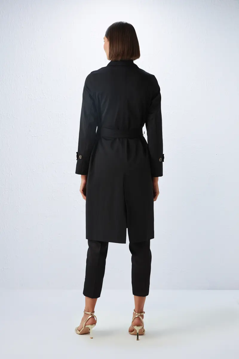 Classic Trench Coat with Waist Belt - Black - 8