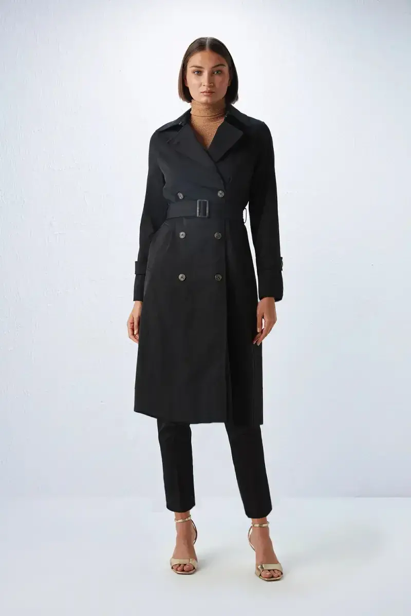 Classic Trench Coat with Waist Belt - Black - 1