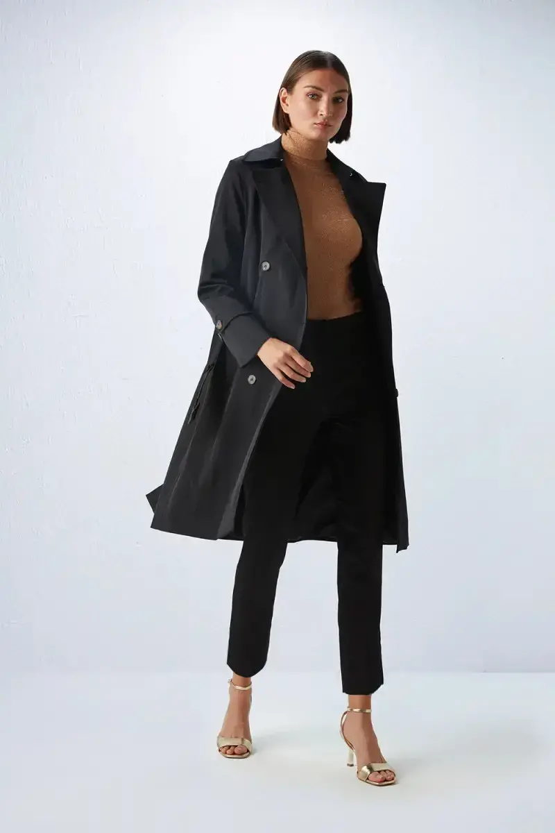 Classic Trench Coat with Waist Belt - Black - 4