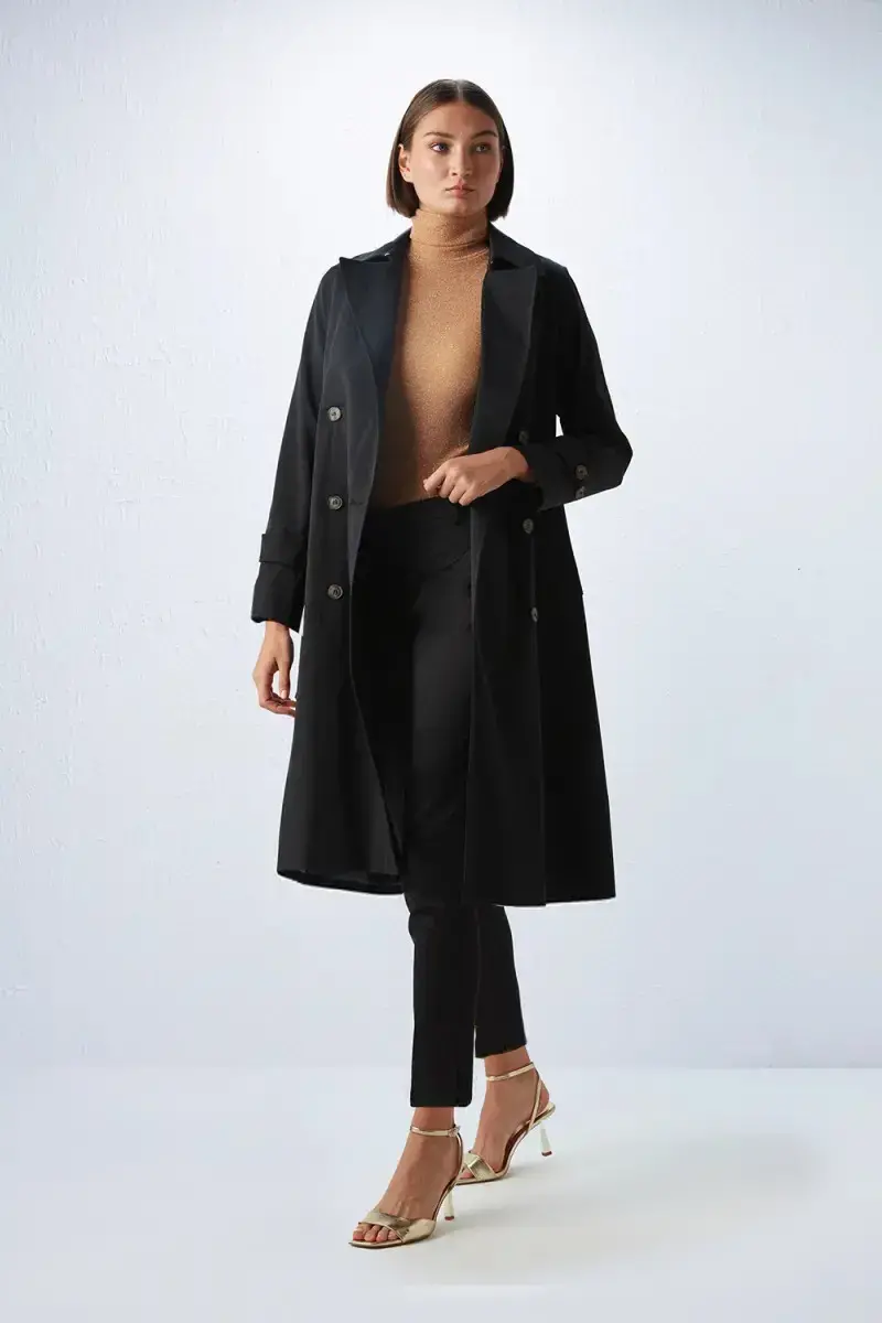 Classic Trench Coat with Waist Belt - Black - 5