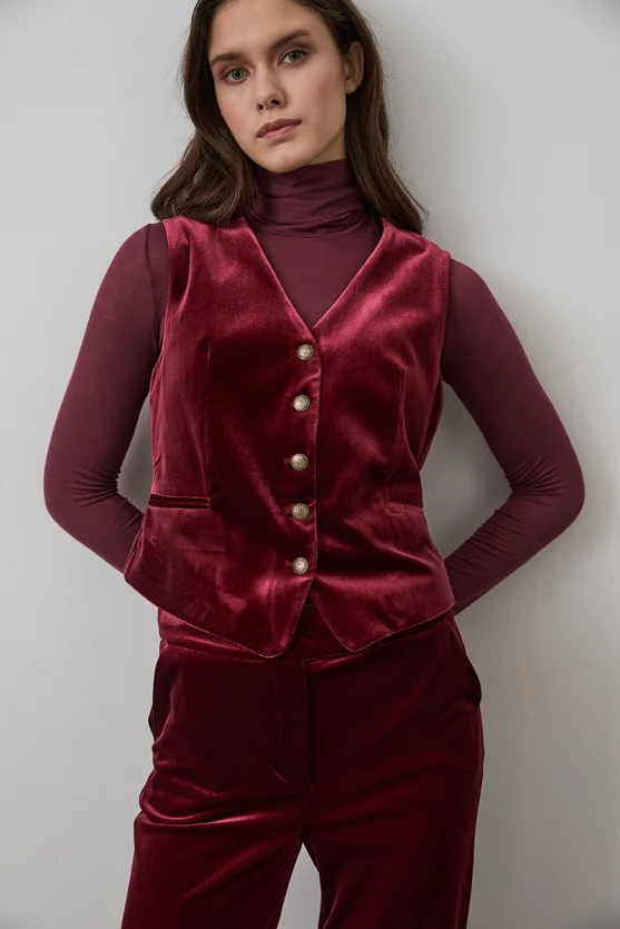 Classic Velvet Vest - Burgundy - 5