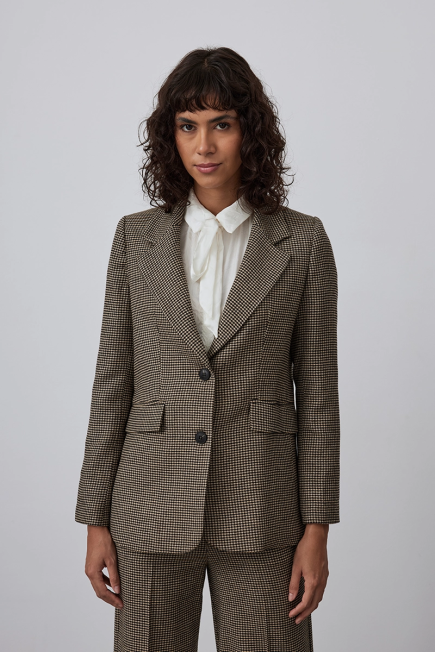 Classic Wool Jacket with Houndstooth Print - Brown Kahverengi