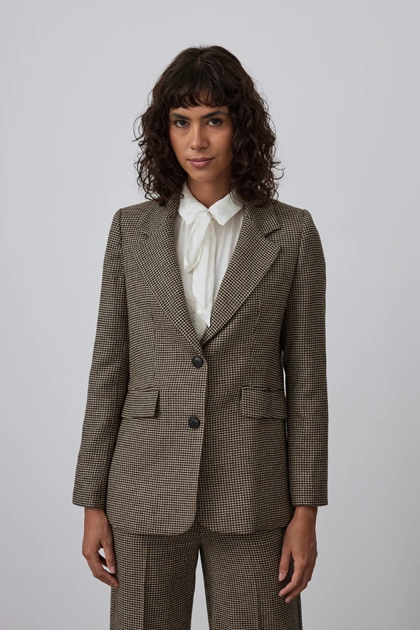 Classic Wool Jacket with Houndstooth Print - Brown - 1