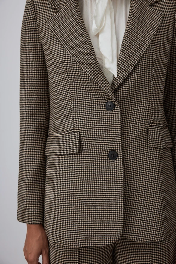 Classic Wool Jacket with Houndstooth Print - Brown - 5