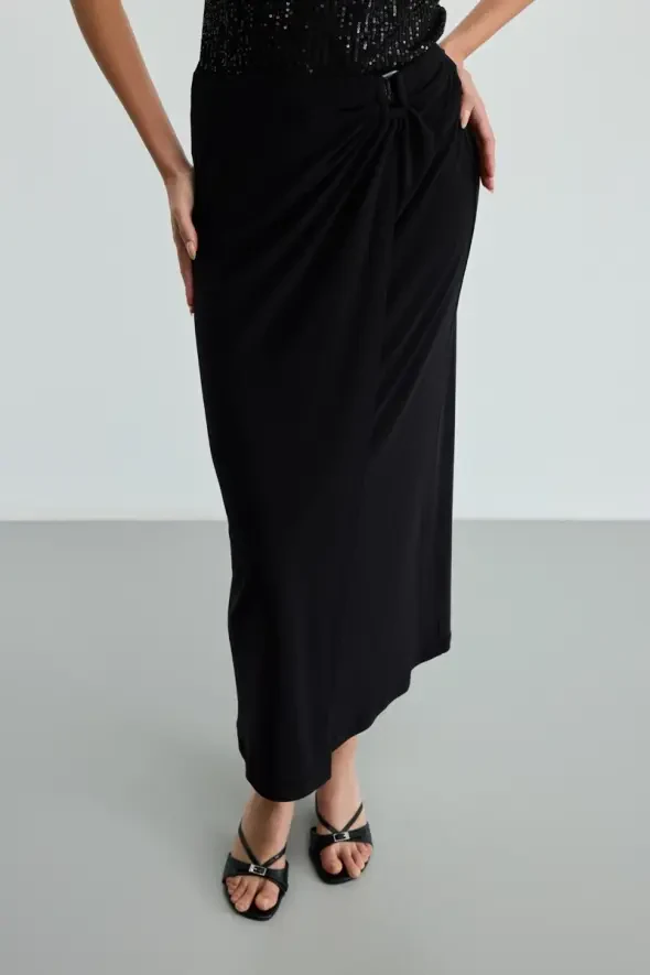 Clip Detail Slit Knit Skirt - Black - 1