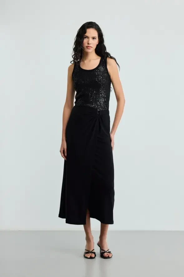 Clip Detail Slit Knit Skirt - Black - 2