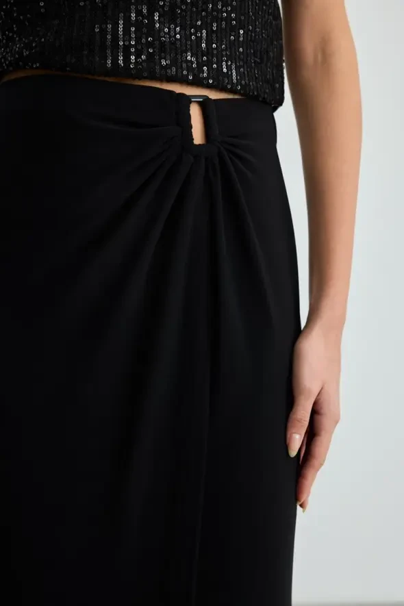 Clip Detail Slit Knit Skirt - Black - 3