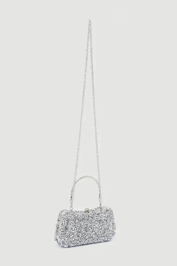 Clutch Bag with Black Stones - Silver - 4