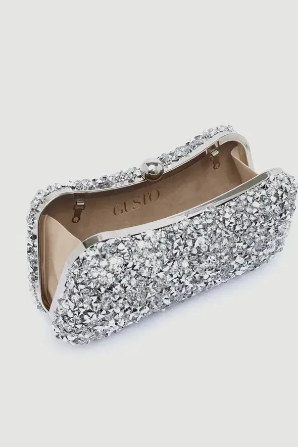Clutch Bag with Black Stones - Silver - 3