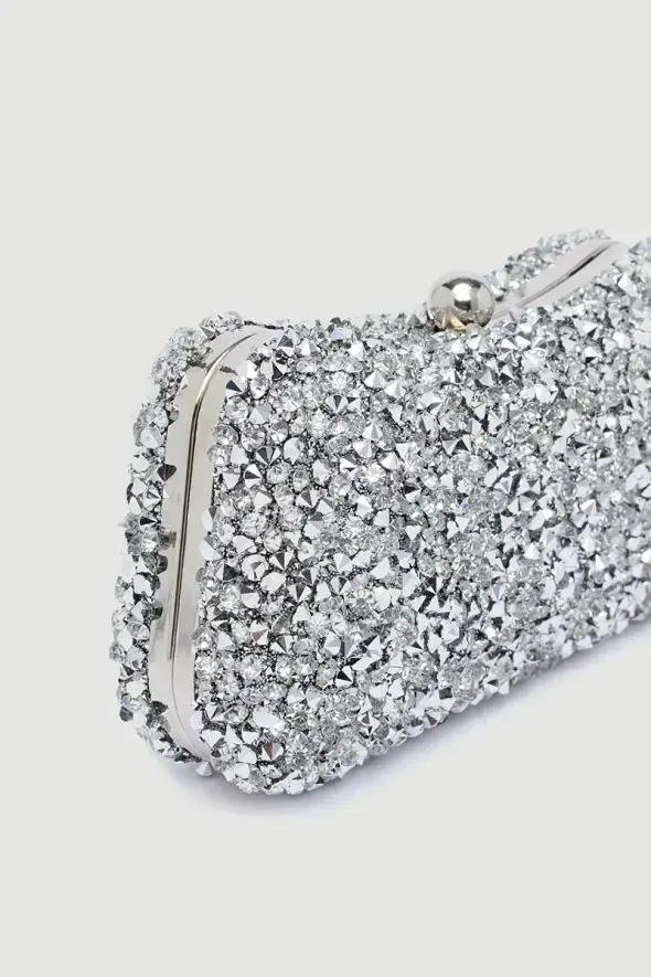 Clutch Bag with Black Stones - Silver - 2