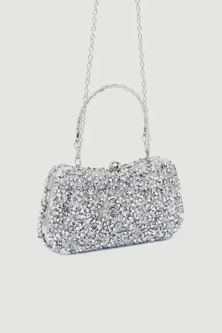 Clutch Bag with Black Stones - Silver Silver