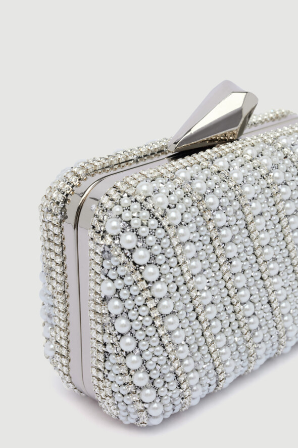 Clutch Bag with Pearls - White - 3