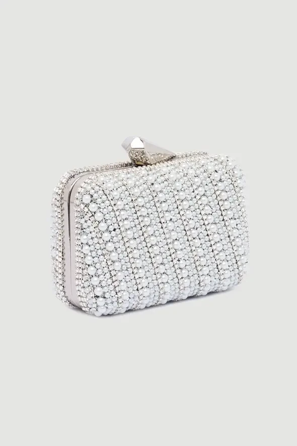 Clutch Bag with Pearls - White - 1
