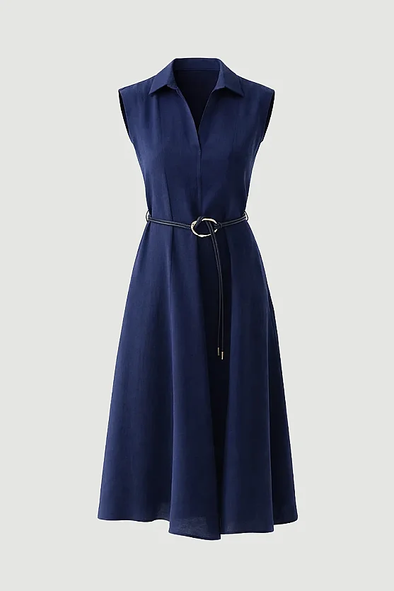 Collared Belted Long Tencel Dress - Navy Blue - 6