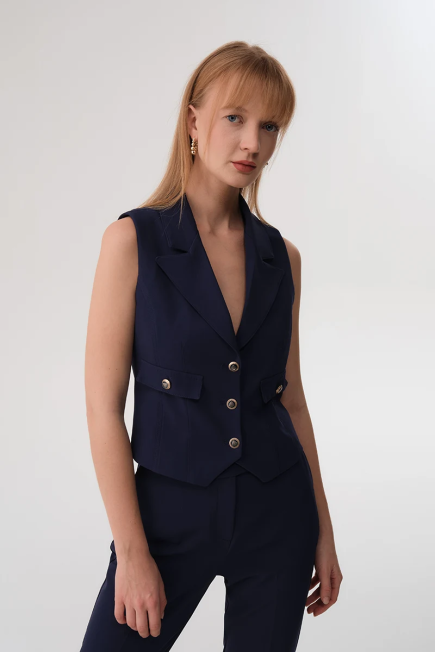 Collared Buttoned Vest - Navy Blue - Gusto