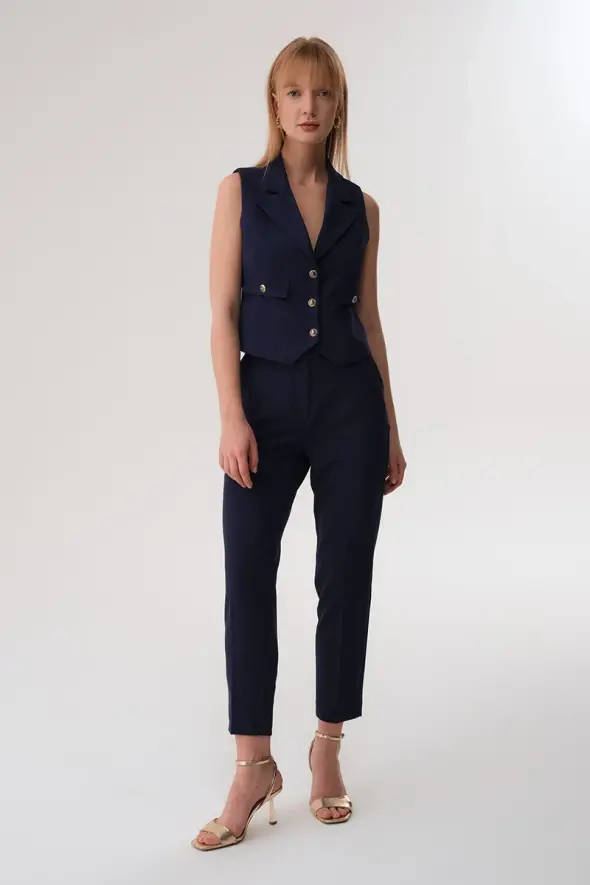 Collared Buttoned Vest - Navy Blue - 2