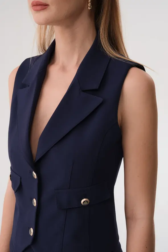 Collared Buttoned Vest - Navy Blue - 4